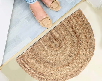 Geflochtene Jute Halbkreis Fußmatte, Boho Eingangsbereich Teppich 92 x 59 cm