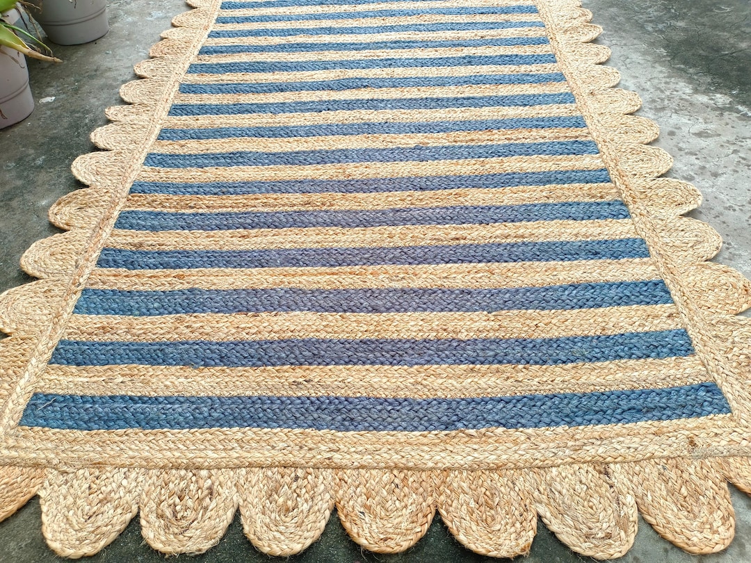 6x12 Rug 6x12 Ft Custom Jute Rug, Natural Jute Rug With Blue Stripes, Scalloped ...