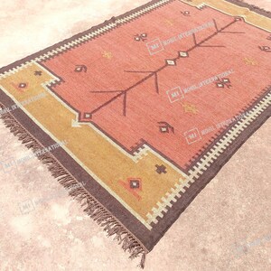 10x12 Ft Custom Wool Jute Kilim Rug, Handmade Orange Turkish Oushak Rug, Rectangle Geometric Shape Rug, Bohemian Large Area Jute Rug