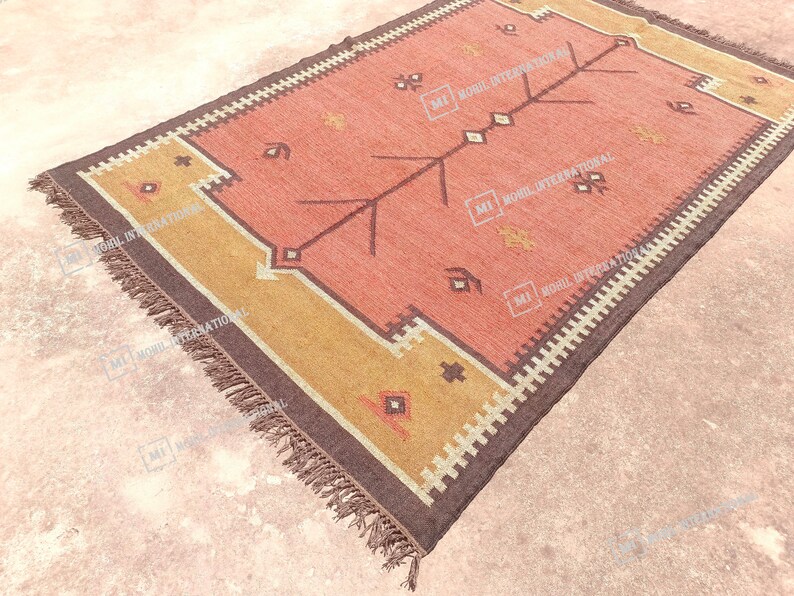 10x12 Ft Custom Wool Jute Kilim Rug, Handmade Orange Turkish Oushak Rug, Rectangle Geometric Shape Rug, Bohemian Large Area Jute Rug