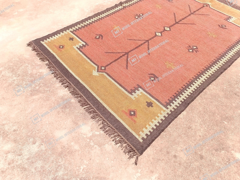10x12 Ft Custom Wool Jute Kilim Rug, Handmade Orange Turkish Oushak Rug, Rectangle Geometric Shape Rug, Bohemian Large Area Jute Rug