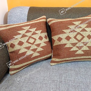Jute Kilim Pillow Home Decor Handwoven Turkish Pillow Triangle Pattern Bohemian Bedroom Decor Bohemian Wool Pillow, Traditional Tribal Motif