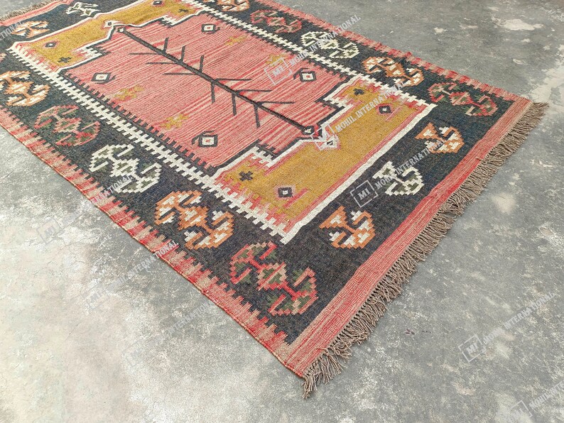 9x12 ft Custom Jute Rug, Handwoven Wool Jute Kilim Rug, Traditional Multicolor Jute Rug, Wool Jute Runner, Bohemian Rug, Indian Dhurrie Rug