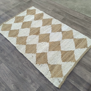 Handwoven Boho Decor Hemp Jute Rug, Beige and White Stripes, Hemp Rug For Home and Living Interior, Kitchen Decor Hemp Jute Runner Rug