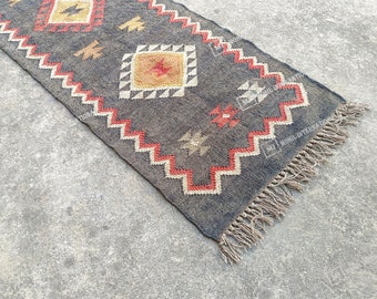 Alfombra Kilim, tejida a mano, alfombra de lana y yute hecha a mano, alfombra Kilim Dhurrie, alfombra tradicional de la zona de yute indio