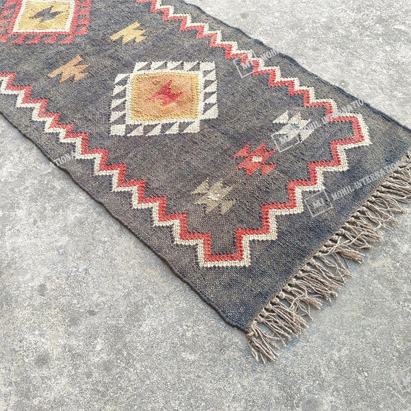 Tapis Kilim, tissé à la main, tapis en laine et jute fait main, tapis Kilim Dhurrie, tapis indien traditionnel en jute