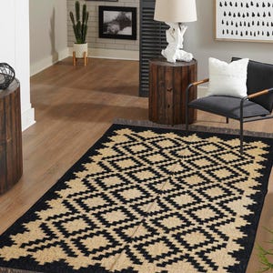 Grand tapis indien traditionnel, tapis en jute noir et beige, tapis en laine tissé à la main, tapis indien en jute Dhurrie pour couloir, tapis en jute pour maison/bureau