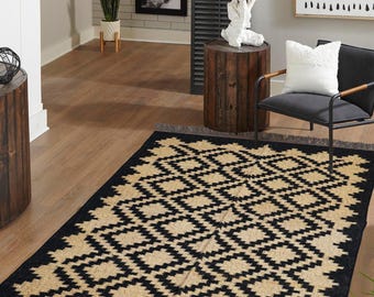 Traditional Indian Large Area Rug, Black & Beige Jute Rug, Handwoven Wool Rug, Indian Dhurrie Hallway Jute Rug, Home/Office Decor Jute Rug