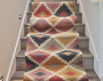 Handwoven Wool Jute Kilim Runner Rug, Rainbow Stairway Geometric Colorful Modern Farmhouse Entryway Hallway Dhurrie Flatweave Boho Area Rug