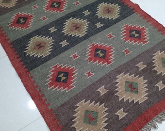 Handmade Wool Jute Kilim Rug, Indian Geometric Rug, Oriental Jute Rug, Multicolor Kilim Jute Rug, Bohemian Rug, Office Entryway Jute Rug