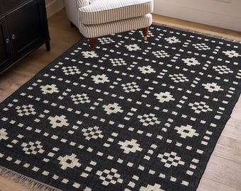 8x10 ft Custom Jute Kilim Rug, Black & Beige Jute Runner Rug, Turkish Oushak Rug, Traditional Indian Kilim Dhurrie Rug, Boho Patterned Rug