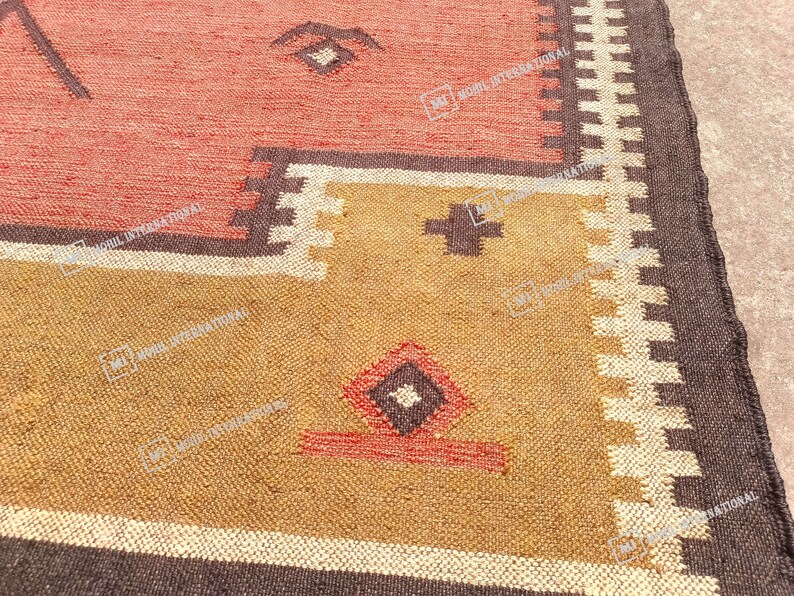10x12 Ft Custom Wool Jute Kilim Rug, Handmade Orange Turkish Oushak Rug, Rectangle Geometric Shape Rug, Bohemian Large Area Jute Rug