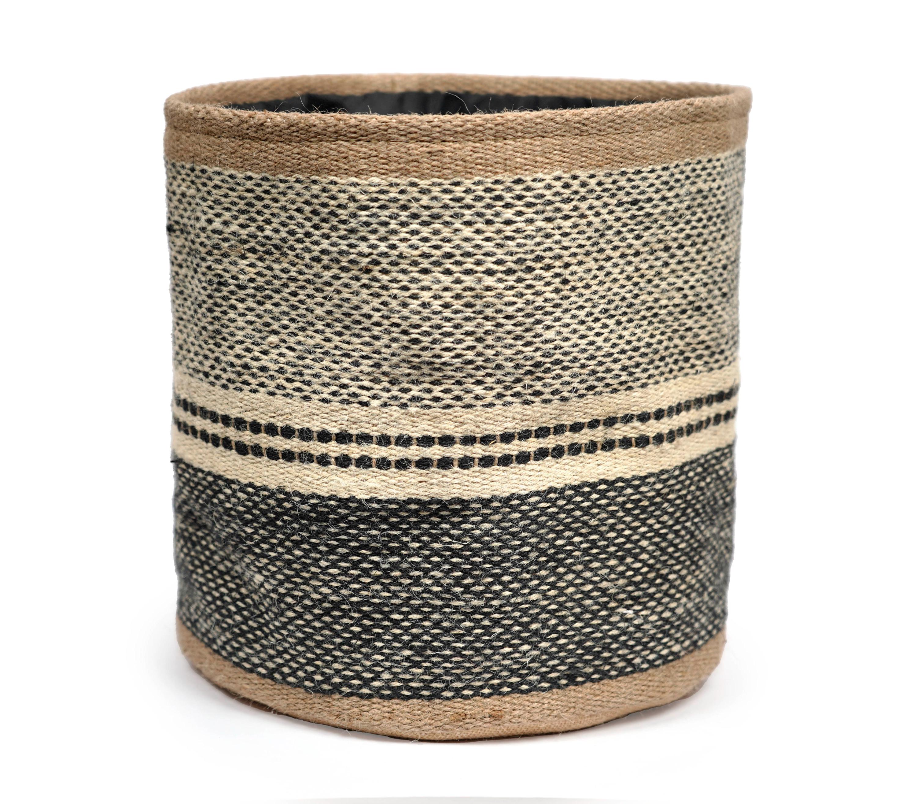 Handwoven Wool Jute Storage Basket Planter | Black & Beige Jute Cotton ...