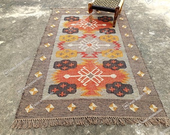 Tapis kilim en laine et jute tissé à la main, tapis de décoration bohème, tapis kilim en jute, tapis tissé à plat, tapis bohème, tapis indien dhurrie