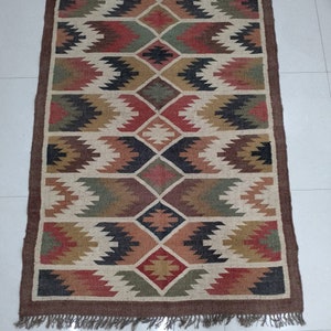 Handgefertigter Kelim Teppich aus Wolle Jute, 6 x 2 Ft Benutzerdefinierte Türkischer Regenbogen Geometrischer Boho Dekor Teppich, Flachgewebe Boho Bereich Flur Dhurrie Teppich