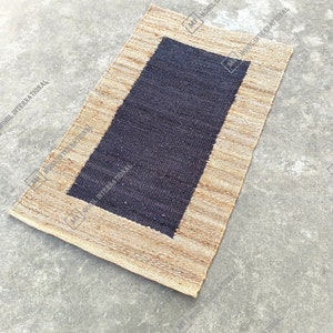 Handgewebter Schwarzer Hanf Läufer Mit Beigem Rand, Geflochtener Juteteppich, Großflächiger Juteteppich, Vintage Teppich, Dekorative Teppiche