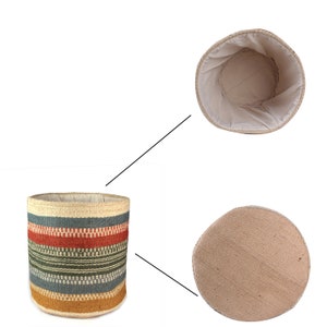 May include: A woven storage basket with a striped pattern in shades of blue, green, red, and yellow. The basket is made of natural jute and has a natural linen lining. The basket is shown from the side and from the top and bottom.