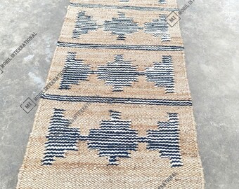 Indiase trap handgeweven boho decor hennepjute tapijt, grijze en zwarte strepen, henneptapijt voor thuis en wonen interieur keukendecor henneploper tapijt