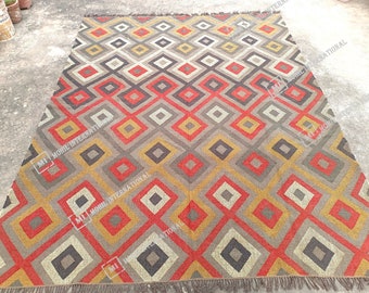 Multicolor Wool Jute Kilim Rug, Turkish Jute Rug, Handmade Wool Jute Kilim Rug, 10x14 Ft Custom Large Area Rug, Dhurrie Hallway Jute Rug