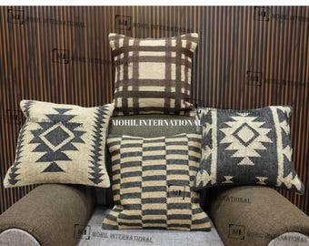 Handwoven Wool Jute Kilim Throw Pillow Cover, Vintage Turkish 18x18 Inches Moroccan Pillowcase Set, Living Bedroom Farmhouse Cushion Cover