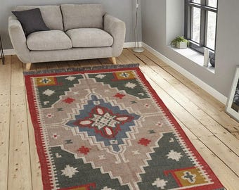 Handmade Wool Jute Kilim Area Rug, Turkish Boho Decor, Custom Size