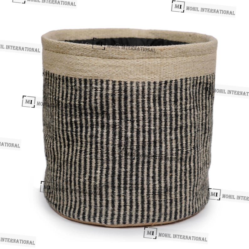 Handwoven Jute Storage Planter, Black & Beige Jute Cotton Planter, Office Decor Pot Planter, Nursery Large Basket Plant, Garden Jute Plant