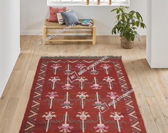 6x7ft Custom Rug, Handmade Wool Jute Kilim Rug, Red Jute Kilim Rug, Rectangle Jute Rug, Bohemian Style Rug, Office Decor Rug, Large Area Rug