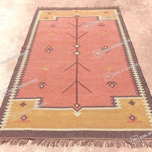 10x12 Ft Custom Wool Jute Kilim Rug, Handmade Orange Turkish Oushak Rug, Rectangle Geometric Shape Rug, Bohemian Large Area Jute Rug