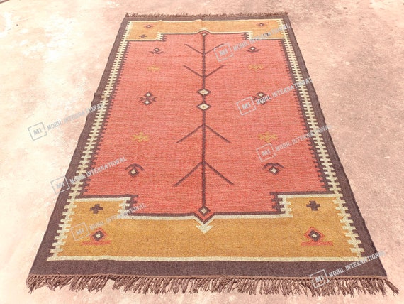 10x12 Ft Custom Wool Jute Kilim Rug, Handmade Orange Turkish Oushak Rug, Rectangle Geometric Shape Rug, Bohemian Large Area Jute Rug