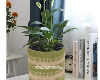 Handwoven Jute Basket Pot Planter, Green & Beige Garden Farmhouse Sofa Decor Planter Cover, Bohemian Colorful Modern Boho Planter Holder