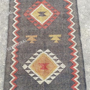Handwoven Kilim Rug, Wool Jute Kilim Rug, Handmade Kilim Dhurrie Rug, Indian Jute Area Rug, Black Wool Jute Rug, Stairway Jute Rug