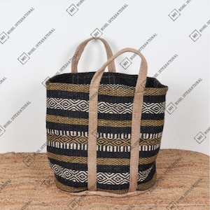 Handwoven Black White Mustard Jute Tote Bag, Tribal Wool Pattern Shopper Tote Bag, Market Carry Bag, Modern Jute Large Handle Tote Bag
