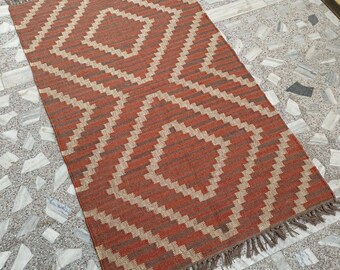Handwoven Wool Jute Kilim Rug, Traditional Dhurrie Jute Rug, Orange Jute Kilim Rug, Turkish Oushak Jute Rug, Bohemian Rug, Entryway Jute Rug