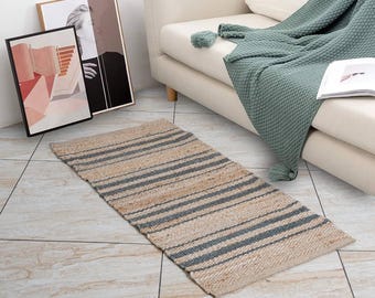 Handwoven Hemp Jute Area Runner Rug, Boho Braided Custom Size Carpet for Living Room Bedroom