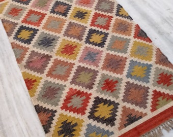 Handmade Jute Kilim Rug, Wool Jute Kilim Rug, Multicolor Turkish Rug, Boho Style Jute Rug, Custom Area Jute Rug, Entryway Wool Jute Rug