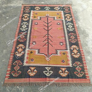9x12 ft Custom Jute Rug, Handwoven Wool Jute Kilim Rug, Traditional Multicolor Jute Rug, Wool Jute Runner, Bohemian Rug, Indian Dhurrie Rug