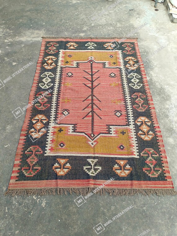9x12 ft Custom Jute Rug, Handwoven Wool Jute Kilim Rug, Traditional Multicolor Jute Rug,  Wool Jute Runner, Bohemian Rug, Indian Dhurrie Rug