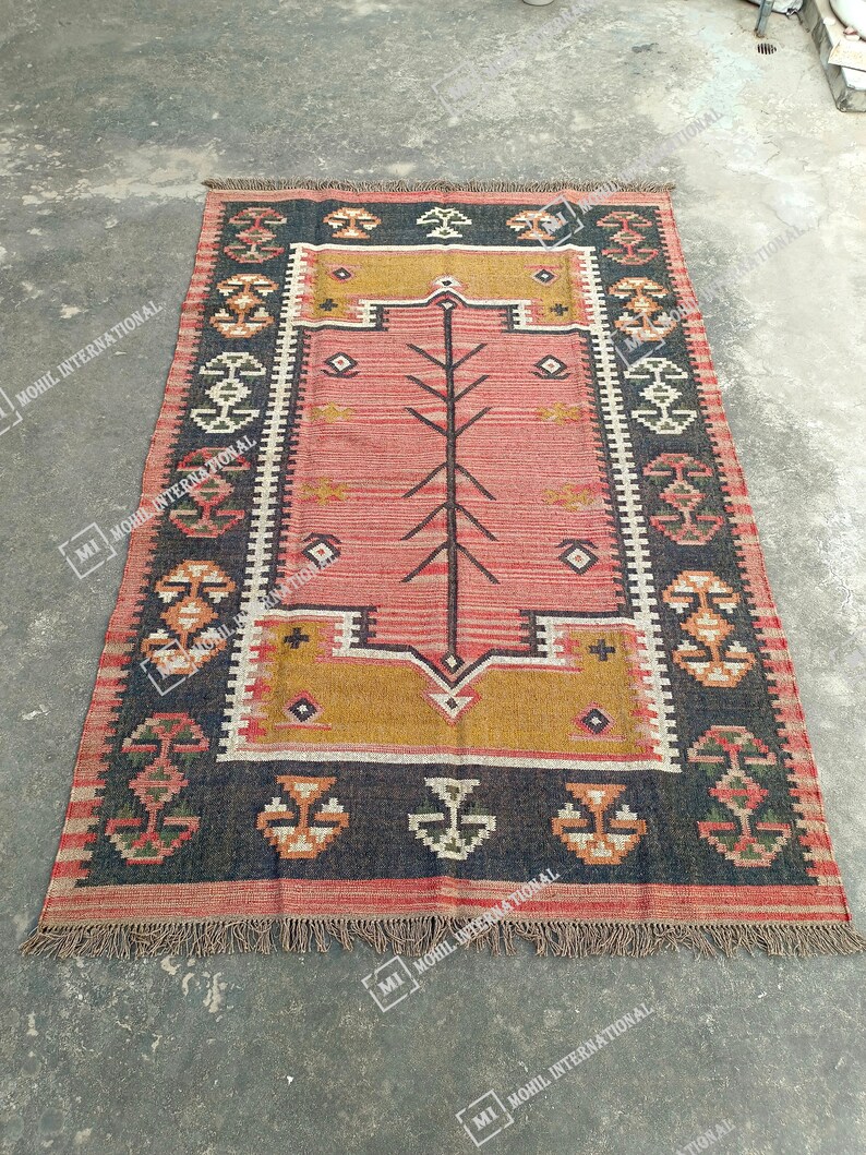 9x12 ft Custom Jute Rug, Handwoven Wool Jute Kilim Rug, Traditional Multicolor Jute Rug, Wool Jute Runner, Bohemian Rug, Indian Dhurrie Rug