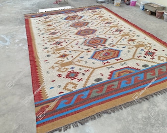 Handmade Wool Jute Kilim Rug, Multicolor Jute Rug, Rectangle Jute Rug, Turkish Jute Rug, Outdoor/Indoor Jute Rug, Bohemian Jute Rug