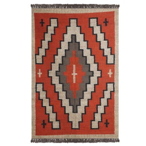 Handmade Red and Black Wool Jute Rug, Natural Handwoven Wool Jute Rug, Geometric Pattern Rug, Flatweave Bohemian Tribal Kilim Runner Rug