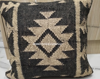 Handwoven Wool Jute Kilim Pillow Cover, Vintage Turkish 18x18 Inches Throw Pillowcase Set, Living Bedroom Farmhouse Sofa Decor Cushion Cover