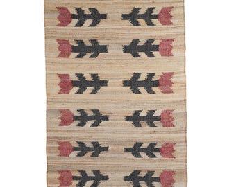 Natural Handmade Kilim Jute Rug, Handwoven Wool Runner Rug, Indian Kilim Dhurrie Rug, Black & Red Geometric Shape Rug, Large Area Jute Rug