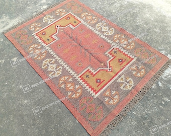 9x12 Handmade Wool Jute Rug, Rainbow Geometric Turkish Kilim Traditional Large Area Navajo Rug, Rustic Home Kitchen Decor