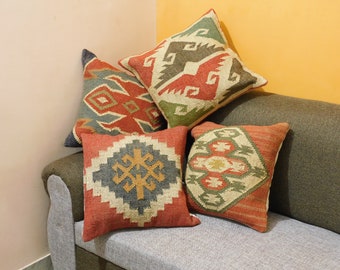 Handgewebtes Jutekissenbezugs-Set (4) | Boho Tribal Dekor