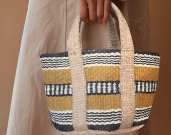 Striped Jute Tote Bag, Yellow Black Wool Market Bag