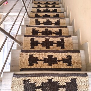 Handmade Wool Jute Kilim Runner Rug, Natural Stairway Decor, Modern Dhurrie Area Rug