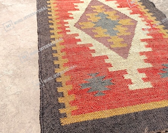 Handwoven Wool Jute Kilim Rug, Wool Jute Rug, Kilim Jute Rug, Flatweave Rug, Bohemian Rug, Indian Dhurrie Rug, Navajo Kilim Rug, Custom Rug