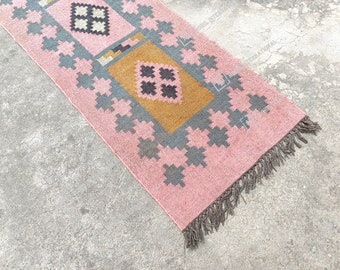 Kilim runner alfombra de yute de lana tejida a mano alfombra Kilim Dhurrie hecha a mano, motivos orientales tradicionales indios geométricos turcos decoración del hogar