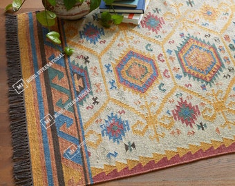Grand tapis kilim fait main, tissé à la main, tapis en laine et jute fait main, tapis kilim dhurrie, motifs, oriental, traditionnel indien, géométrique, turc