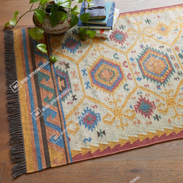 Alfombra Kilim grande hecha a mano, tejida a mano, alfombra de lana y yute hecha a mano, alfombra Kilim Dhurrie, motivos, oriental, indio tradicional, geométrico, turco